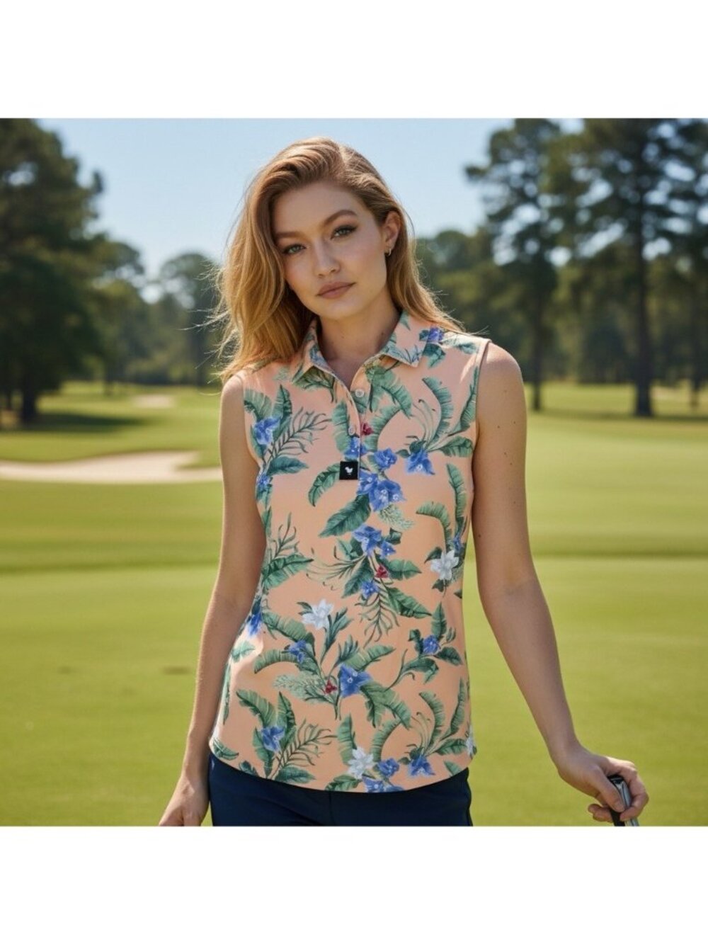 Bad Birdie Womens Floral Sleeveless Golf Polo Peach Stretch Performance Top L